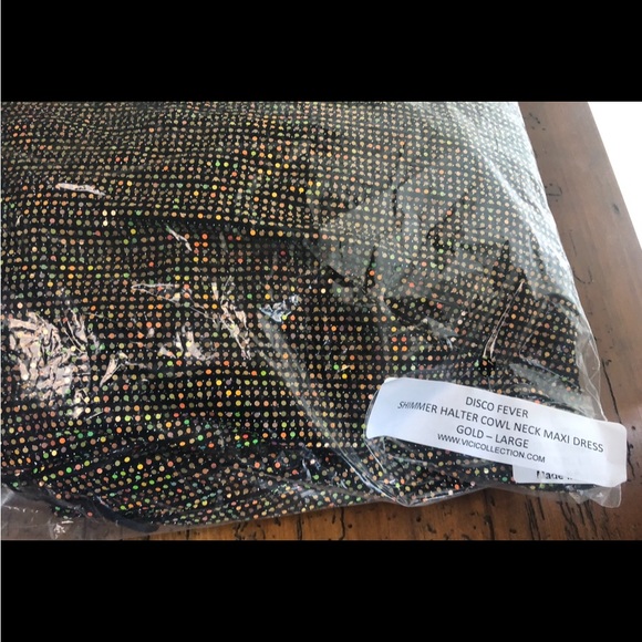 VICI Disco Fever shimmer long dress w/ slit & draped halter cowl neckline. NEW L - Picture 5 of 12